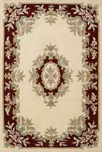 Handmade Bordered Floral Easy to Clean Cream Red Traditional Wool Rug for Living Room & Bedroom-80cm X 150cm