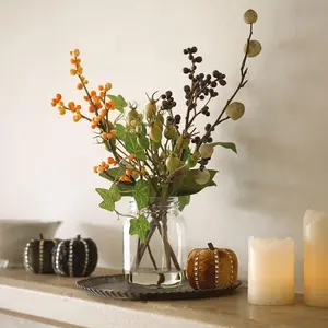 Bloom Artificial Autumn Berries Arrangement in Jam Jar Vase - Faux Flower Centrepiece Floral Home Decoration - H30 x W25cm