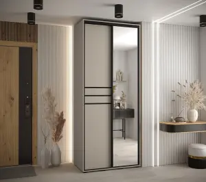 Stylish Cashmere & Black Sliding Door Wardrobe H2350mm W1100mm D600mm - Compact Design with Mirrored Doors