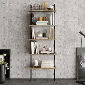 Iker 174cm H x 60cm W Stainless Steel Ladder Bookcase Black/Oak