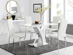 Atlanta White High Gloss and Chrome 4 Seater Dining Table with Statement X Shaped Legs and 4 White Faux Leather Milan Chairs