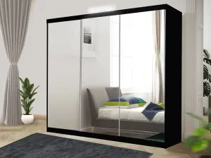 Bedroom Sliding Wardrobe with LED - Storage Space & Sleek Design comes in Width 100cm/120cm/150cm/180cm/203cm/250cm (Black, 250cm)