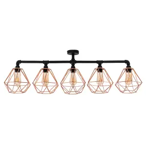 ValueLights Luiggi Industrial 5 Way Satin Black Pipework Ceiling Light with Copper Cage Shades