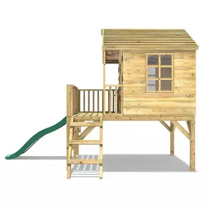 Rebo 5FT x 5FT Childrens Wooden Garden Playhouse on Deck + 6ft Slide- Nightingale Green