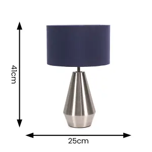 ValueLights Jax Silver Metal Touch Dimmer Table Lamp with Navy Blue Drum Shade