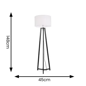 ValueLights Lottie Black Wood Tripod Floor Lamp with White Drum Shade - LED Bulb Included