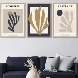 Set of 3 Matisse Style Floral Cut Out Navy & Yellow Wall Art Prints / 50x70cm / Oak Frame