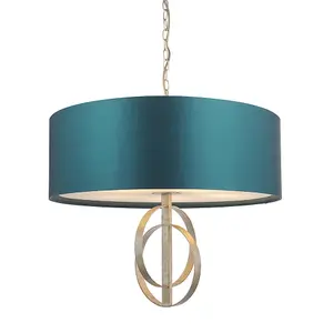 Luminosa Trento 5 Light Ceiling Pendant Antique Silver Leaf & Teal Satin Fabric