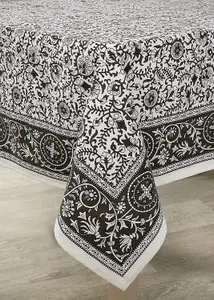 Dark Brown Round Cotton Tablecloth - Machine Washable Indian Hand Printed Floral Design Table Cover - Measures 178cm Diameter