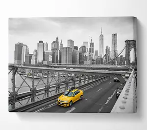 New York On The Bridge Yellow Cab Canvas Print Wall Art - Medium 20 x 32 Inches