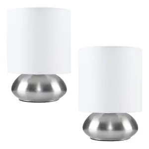 ValueLights Pair Of Modern Brushed Chrome Bedside Touch Table Lamps With White Shades