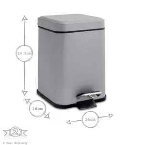 Square Bathroom Pedal Bin - 3 Litre Grey