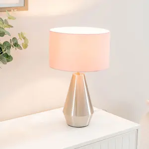 ValueLights Jax Silver Metal Touch Dimmer Table Lamp with Blush Pink Drum Shade