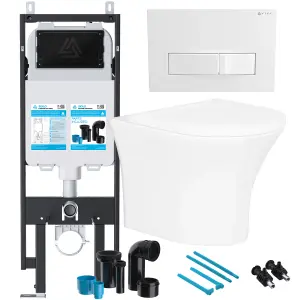 Rimless Wall Hung Toilet & Soft Close Seat with Viva Concealed Cistern Frame Set - Gloss White Square Button Flush Plate