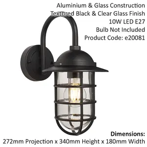 Non Automatic Caged Outdoor Wall Light - Textured Black & Glass Shade IP44 Rated