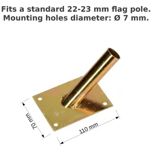 Single Flag Pole Holder - Wall Mounted Flag Pole Bracket, Galvanised (Gold), Rust and Weather Resistant, Heavy Duty