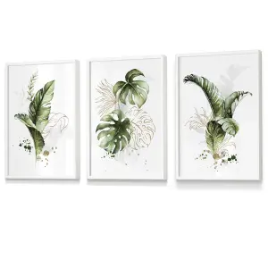 Set of 3 Framed  Framed Green and Gold Botanical Leaves / 30x42cm (A3) / White