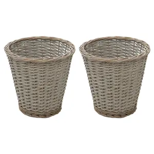 JVL Arianna Round Willow Baskets, Set of 2 Laundry Baskets and 2 Waste Paper Bins, Grey Wash