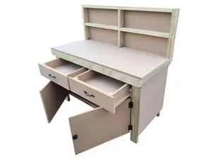 Wooden MDF top storage workbench with lockable cupboard and drawers (V.4)  (H-90cm, D-70cm, L-180cm) with back