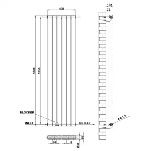 Vertical Anthracite Double Flat Panel Radiator (H) 1600 mm x (W) 408 mm, 5492 BTU.