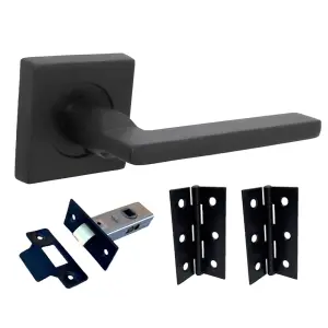 UNO Door Handle Matt Black Lever on Square Rose Internal Wooden Handles + 64mm Latch & Hinges