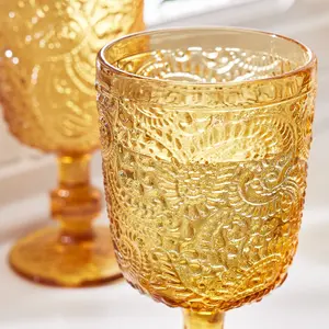 Set of 6 Vintage Luxury Yellow Embossed Drinking Goblet Wine Glasses 300ml