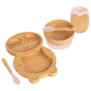 5pc Bamboo Penguin Baby Weaning Set - Pastel Pink