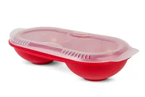 Good2Heat Plus Microwave Cookware Red Plastic Vented 2 Egg Poacher with Transparent Lid