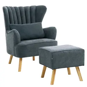 Grey Faux Wool Upholstered Wing Back Occasional Armchair Sofa Chair With Footstool