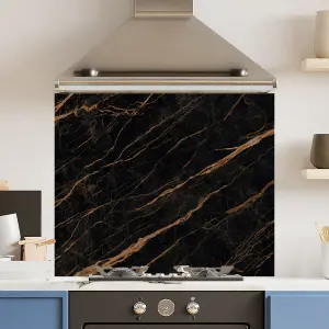 Premium 90cm x 75cm 6mm  Black Gold Marble Glass Kitchen Splashback Various Sizes Toughened - 90 cm