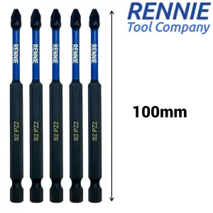 Rennie Tools 5 Pack PZ2 x 100mm Long Magnetic Impact Driver Screwdriver Bits Set Pozidriv (Pozi 2)