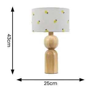 ValueLights Azalea Rustic Wooden Table Lamp with Lemon Embroidered Drum Shade and LED Bulb