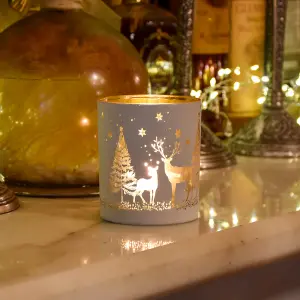 Small White Gold effect Christmas Woodland Scene Glass Tea light holder