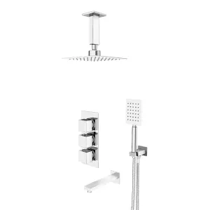 Nes Home Olive Square 3 Way Concealed Thermostatic Shower Mixer Valve, Ceiling Shower Head, Handset, Spout Set Chrome