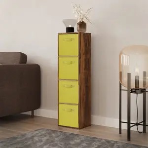 URBNLIVING 106cm Height Rustic Brown 4-Tier Cube Shelving Unit with Yellow Inserts