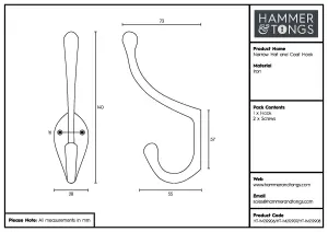 Hammer & Tongs - Narrow Hat & Coat Hook - W30mm x H140mm - Brass