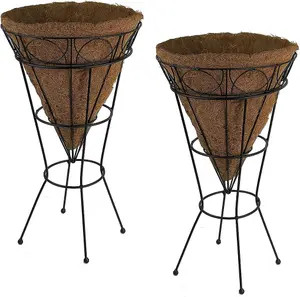 2 x Cone Shaped Jardiniere Planter & Coco Liner Wrought Iron Freestanding