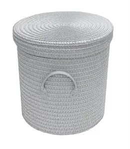 Strong Woven Round Lidded Laundry Storage Basket Bin Lined PVC Handle Light Grey,Extra Large 40 x 43 cm