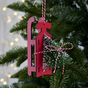 Red Sleigh with Christmas Tree Wood Hanging decoration