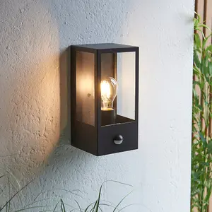 Matt Black Outdoor Wall Light & PIR Sensor - Rectangular Lantern - Clear Glass