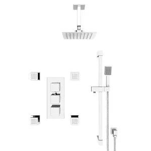 Nes Home Olive Square 3 Way Concealed Thermostatic Shower Mixer Valve, Shower Head, Handset, Slider Rail, 4x Body Jets Set