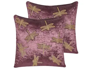 Set of 2 Cushions DAYLILY Velvet 45 x 45 cm Animal Embroidery Violet