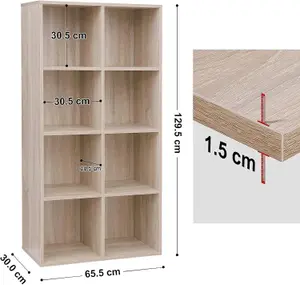 VASAGLE Bookcase, Wooden Bookshelf with 8 Compartments, Floor Standing Storage Unit, Oak Colour