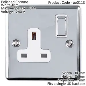 1 Gang Single UK Plug Socket POLISHED CHROME & White 13A Switched Power Outlet