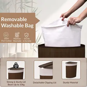 MantraRaj 58L Bamboo Laundry Basket Triangle Foldable Storage Hamper With Removable Washable Cover and Lid Laundry Bins Dark Brown