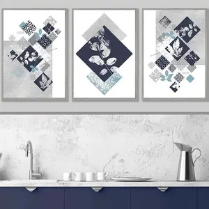 Set of 3 Graphical Abstract Floral Navy Blue Grey Wall Art Prints / 50x70cm / Light Grey Frame