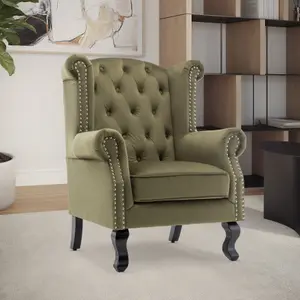 Velvet Sage Green Fireside Henley Wingback Armchair with Buttons