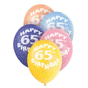 Unique Party 12 Inch 65th orted Latex Balloons (Pack Of 5) Multicoloured (Five Packs (25 balloons))