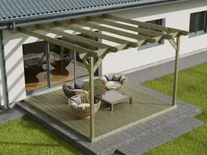 Wall mounted pergola and decking complete diy kit, Corbel design (3.6m x 3.6m, Light green (natural) finish)