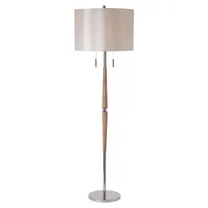 Polished Nickel Floor Lamp - Decorative Wooden Stem - Requires 2 x E27 GLS Bulbs